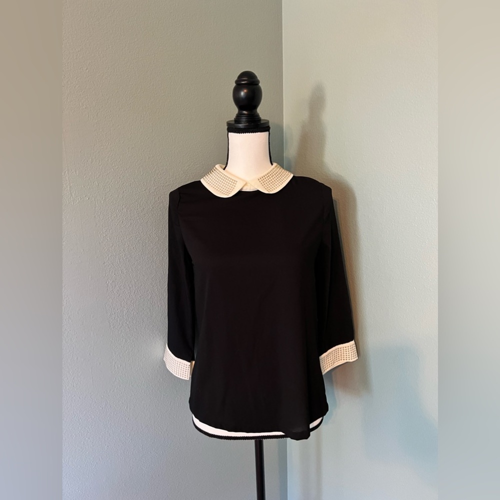 I. Madeline Black & Cream Beaded Trim 3/4 Sleeve Shirt Size XS